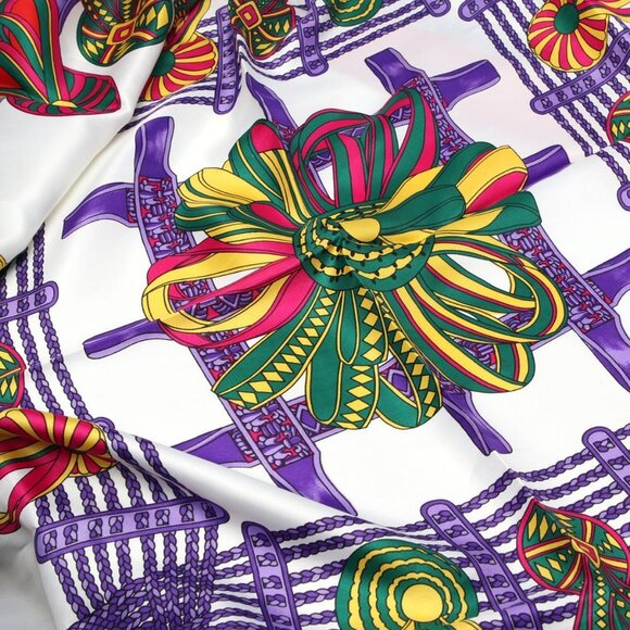 Vintage SKS Ribbon Print Satin Scarf Neck Hair Scarf 1980 Red Blue White Yellow - Picture 4 of 7